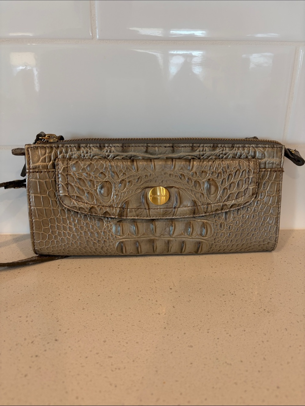 Brahmin Taupe Croc-Embossed Wristlet